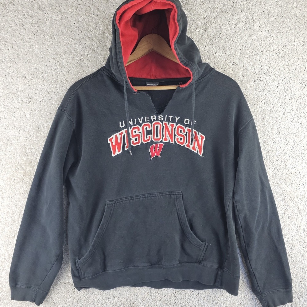 Vintage Pro Edge Wisconsin Badgers Hoodie Sz Large Embroidered Faded Distressed